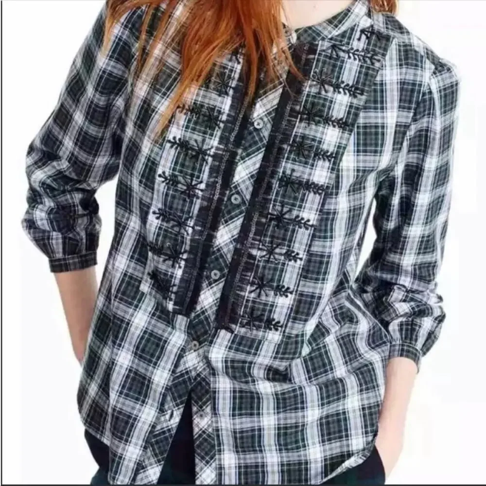J. Crew Beaded Embellished Forest Green Tartan Plaid Shirt M